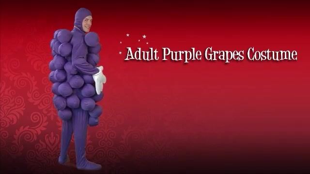 A purple grapes costume is a funny costume to wear out alone or as a Fruit of the Loom group costume.  The costume comes with cap, tunic and balloons to fill up. Goes great with the green grapes costume too!